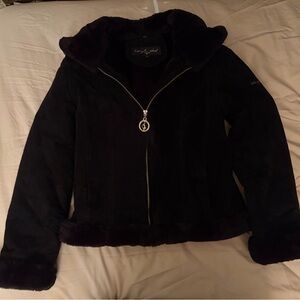 Baby Phat Vintage Suede/Faux Fur Jacket with Zipper and Varsity Style Hood